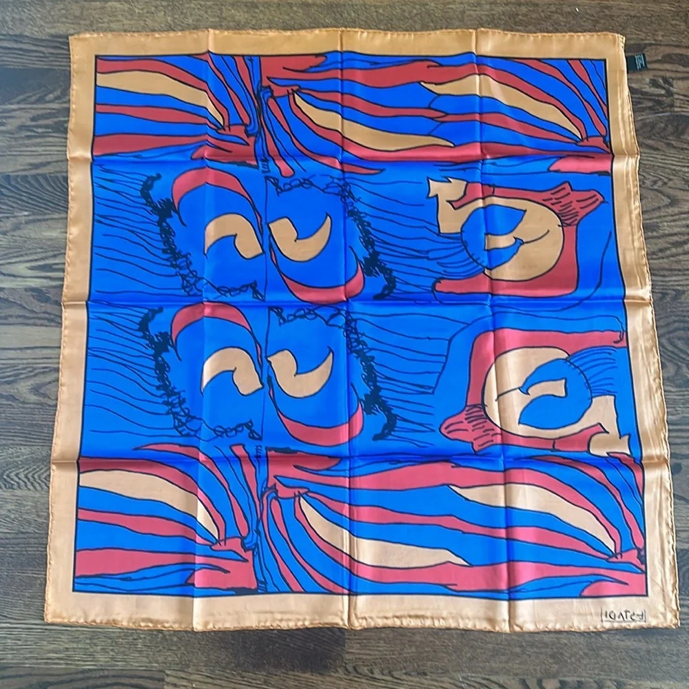 Estadi 100% Silk Twill Orange Red Blue Abstract Print Scarf Hand Rolled Hem NEW